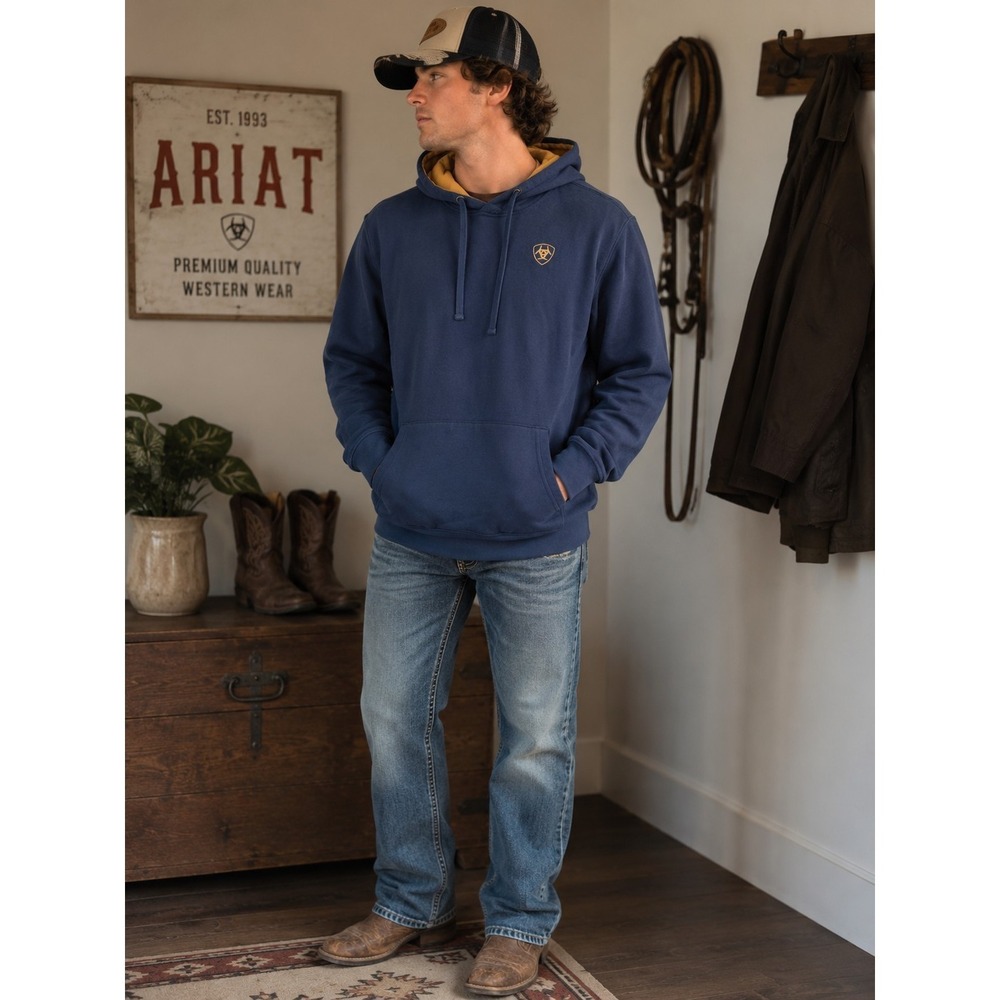 Ariat Hoodie Mens Medium Blue Pullover Fleece Kangaroo Pocket Logo Sweatshirt
